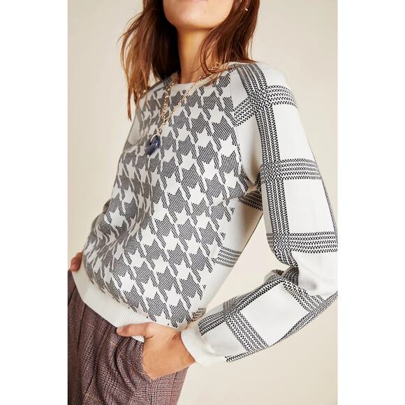 Anthropologie Bailey Houndstooth Crewneck Sweater Womens Small White Windowpane - Picture 3 of 10